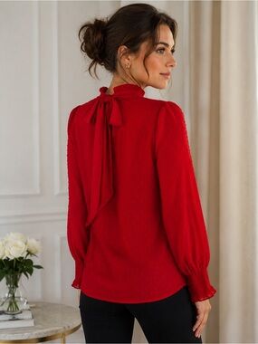 Ann Taylor LOFT XL Red Long-Sleeve Bow Tie-Back Blouse